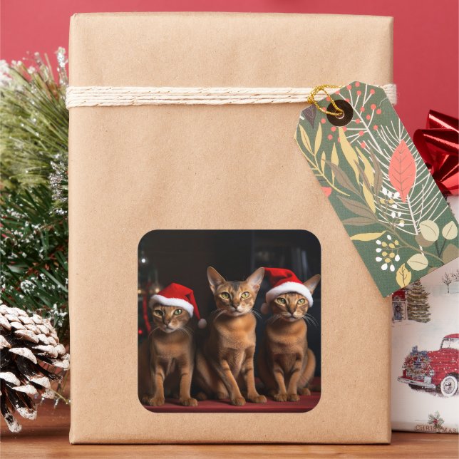 Abyssinian by the Fireplace Christmas Square Sticker (Holiday)