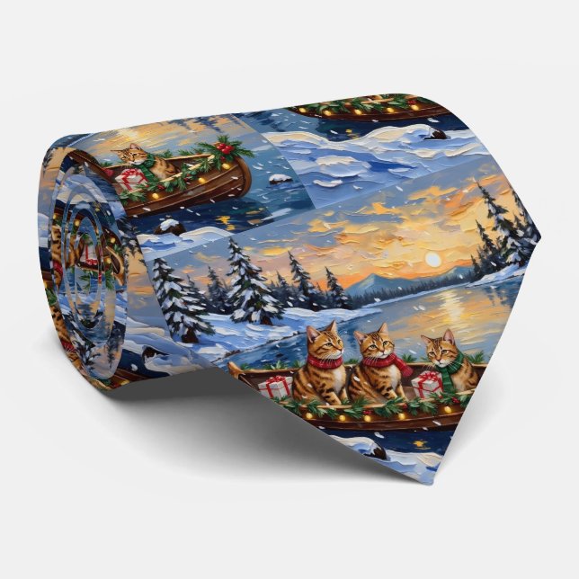 Abyssinian Cat Christmas Boat Holiday Tie (Rolled)