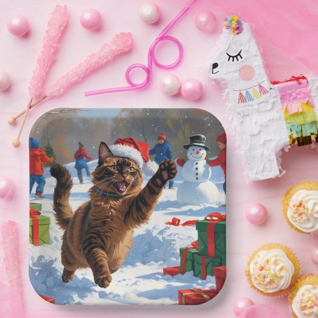 Abyssinian Cat Christmas Festive Snow Scene Paper Plate (Party)