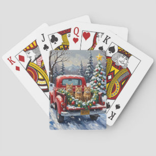 Abyssinian Cat Christmas Red Truck Holiday Playing Cards
