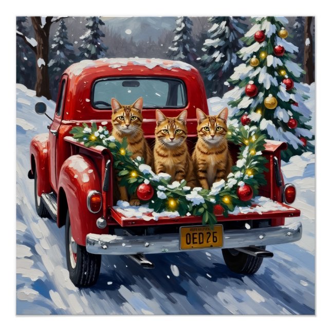 Abyssinian Cat Christmas Red Truck Holiday Poster (Front)