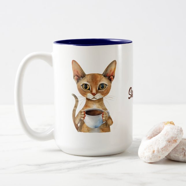 Abyssinian Cat Coffee Personalised Two-Tone Coffee Mug (With Donut)
