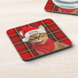 Abyssinian Cat Ho Ho Ho Santa Hat Meowy Christmas Coaster