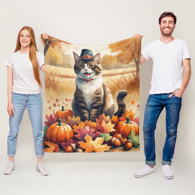 Abyssinian Cat  in Autumn Leaves Thanksgiving Art  Fleece Blanket (In Situ)
