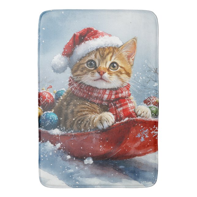 Abyssinian Cat in Sledge Let it Snow Christmas Bath Mat (Front Vertical)