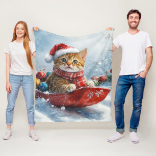 Abyssinian Cat in Sledge Let it Snow Christmas Fleece Blanket