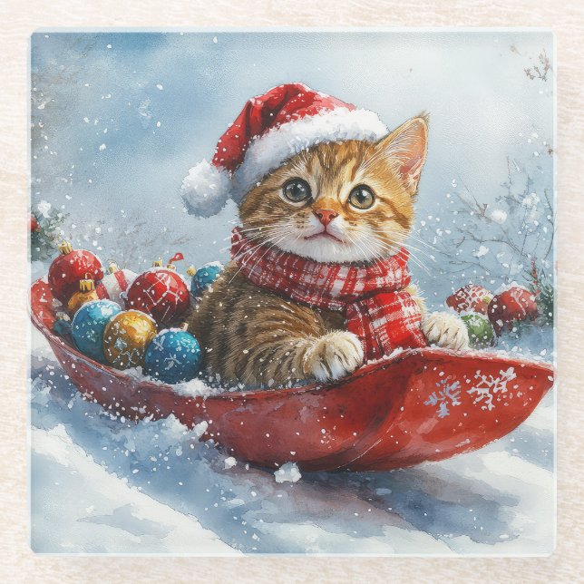 Abyssinian Cat in Sledge Let it Snow Christmas Glass Coaster (Front)