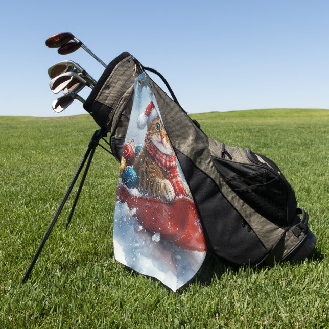 Abyssinian Cat in Sledge Let it Snow Christmas Golf Towel (Green)