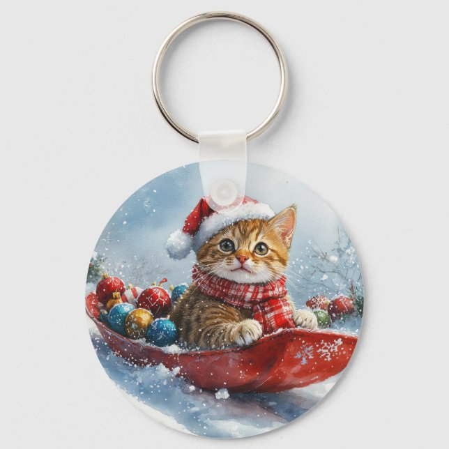 Abyssinian Cat in Sledge Let it Snow Christmas Key Ring (Front)
