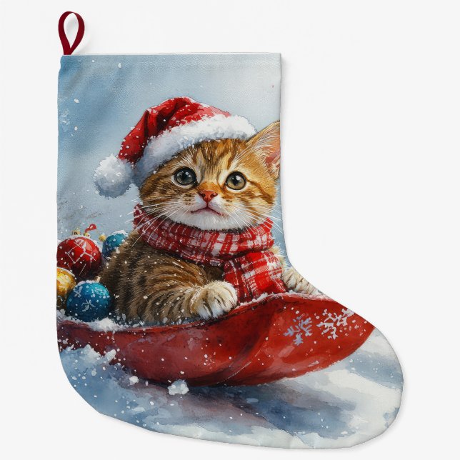 Abyssinian Cat in Sledge Let it Snow Christmas Large Christmas Stocking (Front)