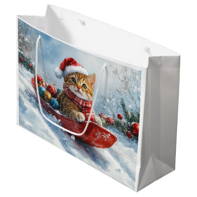 Abyssinian Cat in Sledge Let it Snow Christmas Large Gift Bag (Front Angled)