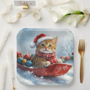 Abyssinian Cat in Sledge Let it Snow Christmas Paper Plate