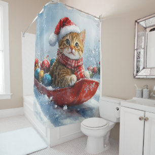 Abyssinian Cat in Sledge Let it Snow Christmas Shower Curtain