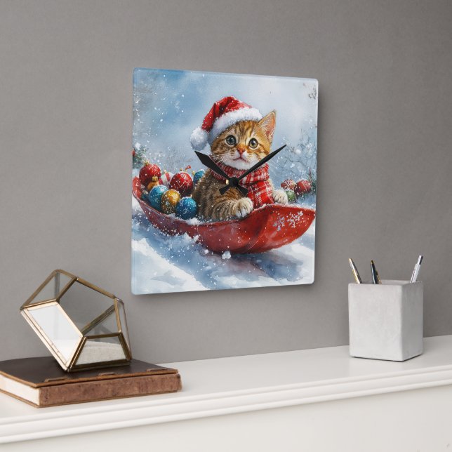 Abyssinian Cat in Sledge Let it Snow Christmas Square Wall Clock (Office)