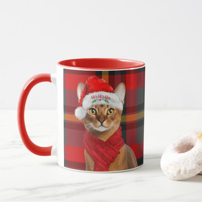 Abyssinian Cat Lover Red Plaid Christmas Mug (With Donut)
