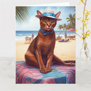 Abyssinian cat on Beach, summer gift for cat lover Card