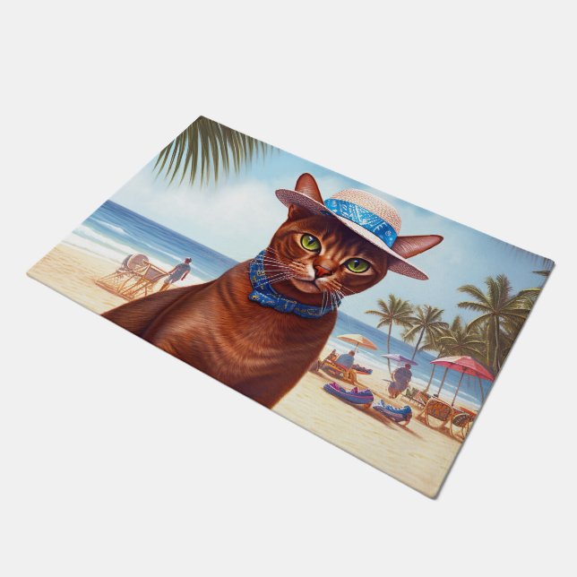 Abyssinian cat on Beach, summer gift for cat lover Doormat (Angled)