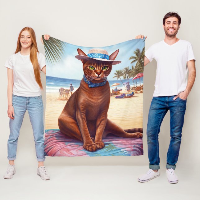 Abyssinian cat on Beach, summer gift for cat lover Fleece Blanket (In Situ)
