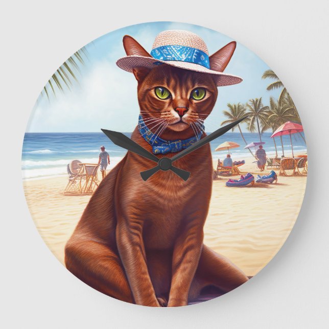 Abyssinian cat on Beach, summer gift for cat lover Large Clock (Front)