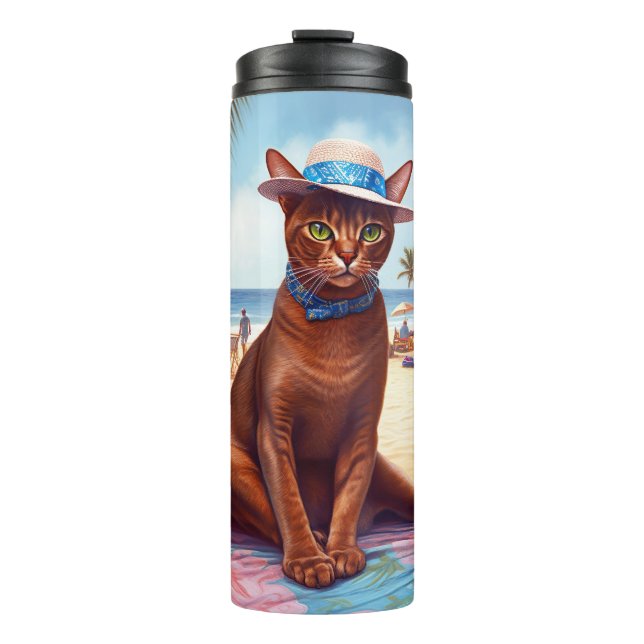 Abyssinian cat on Beach, summer gift for cat lover Thermal Tumbler (Front)