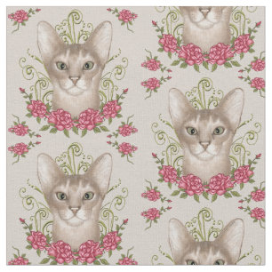 Abyssinian Cat Roses Fabric
