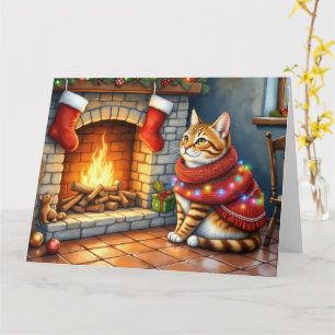 Abyssinian Cat Sitting by Fireplace with Christmas Card
