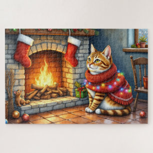 Abyssinian Cat Sitting by Fireplace with Christmas Jigsaw Puzzle