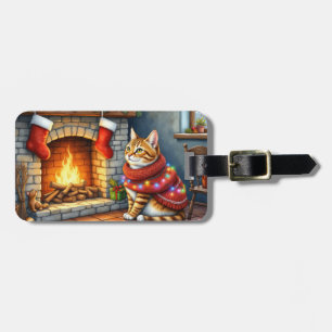 Abyssinian Cat Sitting by Fireplace with Christmas Luggage Tag