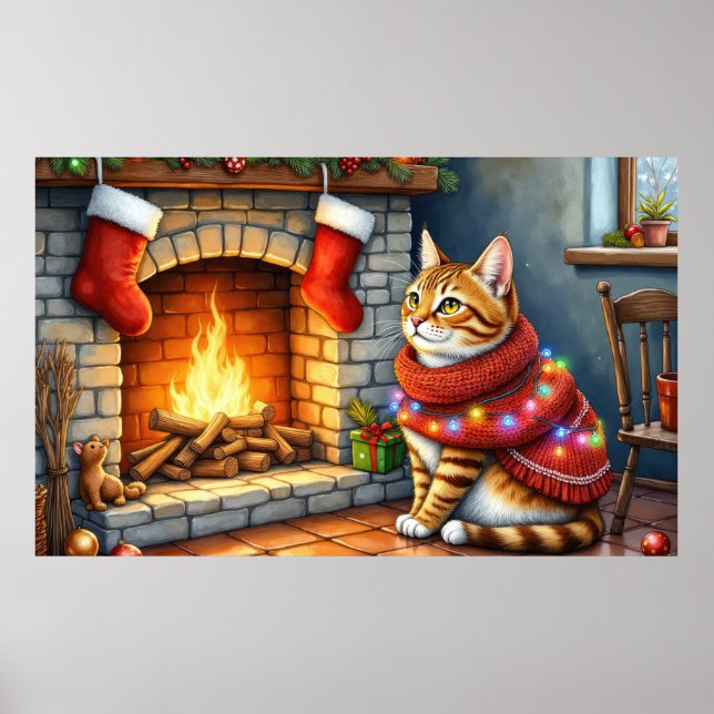 Abyssinian Cat Sitting by Fireplace with Christmas Poster (Front)