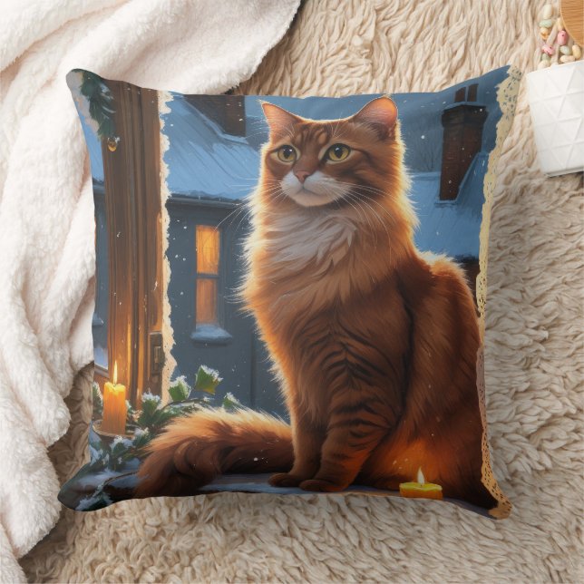 Abyssinian Cat With Christmas Lights Holiday Cushion (Blanket)