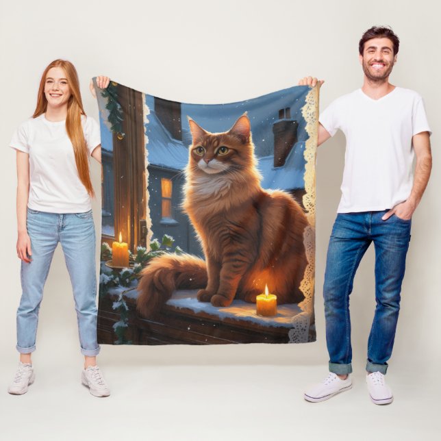 Abyssinian Cat With Christmas Lights Holiday Fleece Blanket (In Situ)