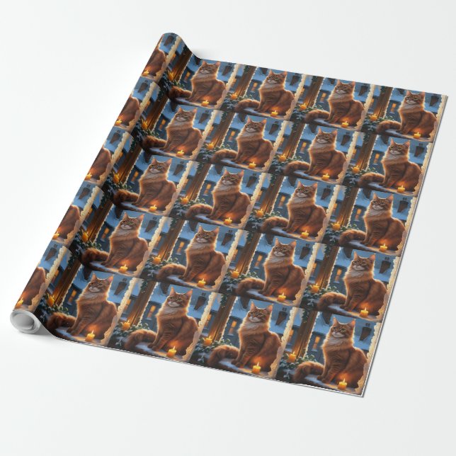 Abyssinian Cat With Christmas Lights Holiday Wrapping Paper (Unrolled)