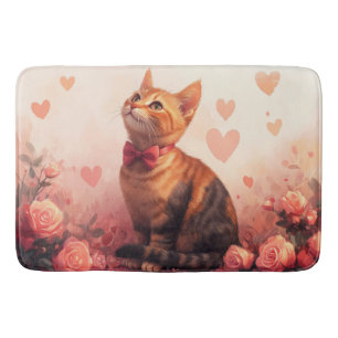 Abyssinian Cat with Roses - Valentine's Day Bath Mat