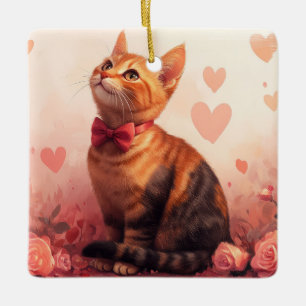 Abyssinian Cat with Roses - Valentine's Day Ceramic Ornament