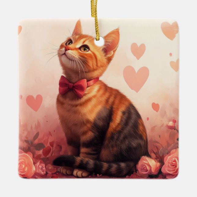 Abyssinian Cat with Roses - Valentine's Day Ceramic Ornament (Front)