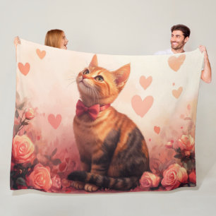 Abyssinian Cat with Roses - Valentine's Day Fleece Blanket