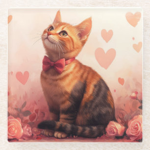 Abyssinian Cat with Roses - Valentine's Day Glass Coaster