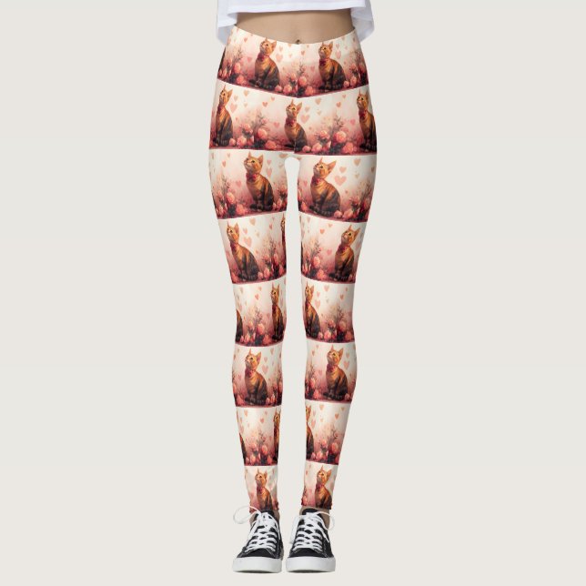 Abyssinian Cat with Roses - Valentine's Day Leggings (Front)