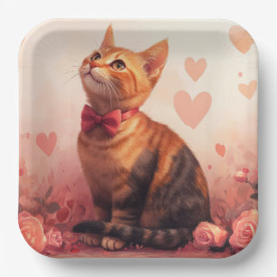 Abyssinian Cat with Roses - Valentine's Day Paper Plate