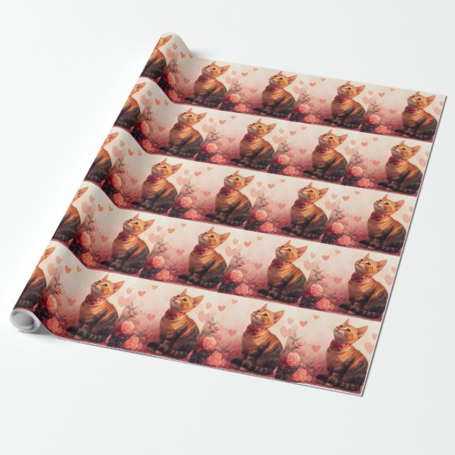 Abyssinian Cat with Roses - Valentine's Day Wrapping Paper (Unrolled)