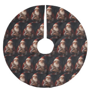 Abyssinian Cat with Santa Claus Festive Christmas  Brushed Polyester Tree Skirt
