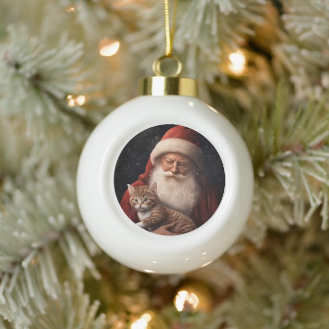 Abyssinian Cat with Santa Claus Festive Christmas  Ceramic Ball Christmas Ornament (Tree)