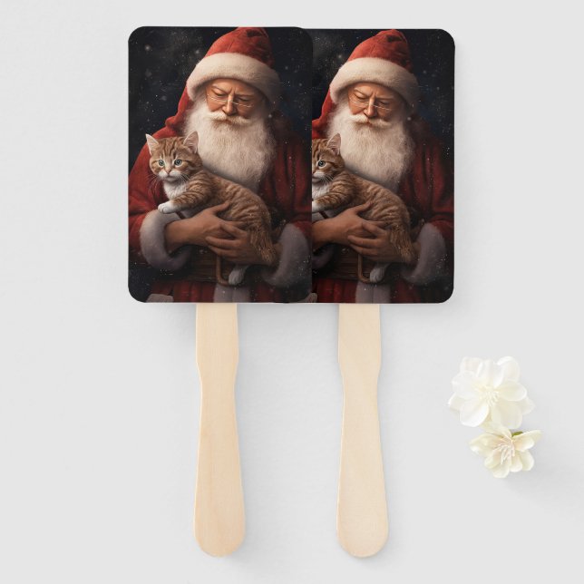 Abyssinian Cat with Santa Claus Festive Christmas  Hand Fan (Front and Back)