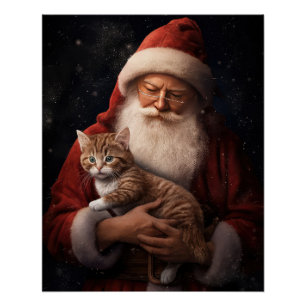 Abyssinian Cat with Santa Claus Festive Christmas Poster