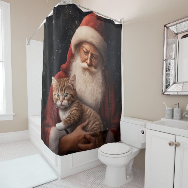 Abyssinian Cat with Santa Claus Festive Christmas  Shower Curtain (In Situ)