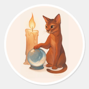 Abyssinian cat with silver crystal ball classic ro round sticker