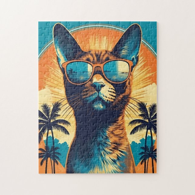 Abyssinian Cat with sunglasses at a tropical beach Jigsaw Puzzle (Vertical)