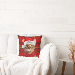 Abyssinian Christmas Cat on Red Plaid Holiday Cushion