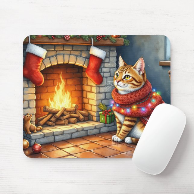 Abyssinian Sitting Fireplace with Christmas Lights Mouse Pad (With Mouse)