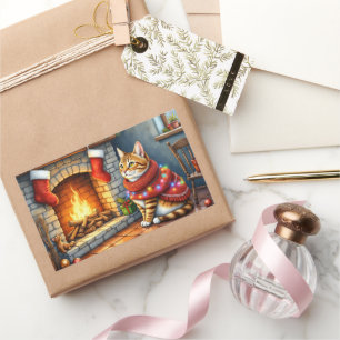 Abyssinian Sitting Fireplace with Christmas Lights Rectangular Sticker